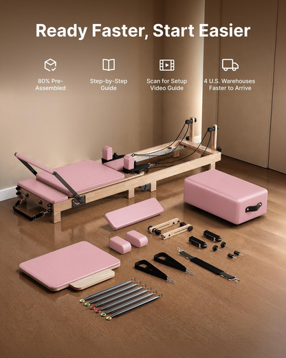 Pilates Reformer,  92" Wooden Pilates Reformer Machine with Springs, Pilates Machines for Home Use and Studio, Pilates Equipment with Sitting Box, Jump Board and Accessories