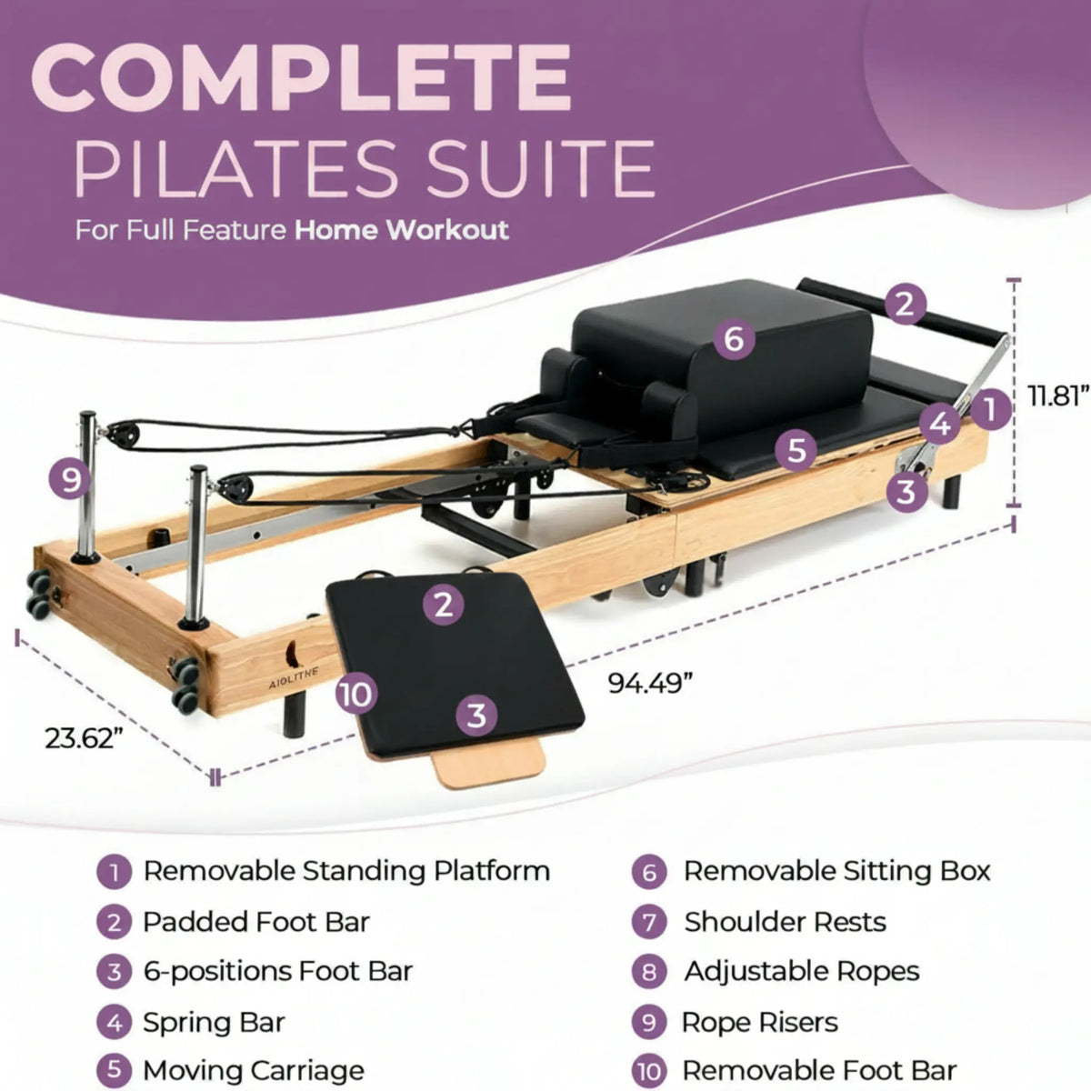 Foldable Wooden Pilates Reformer for Home, 70+ Guided Workouts