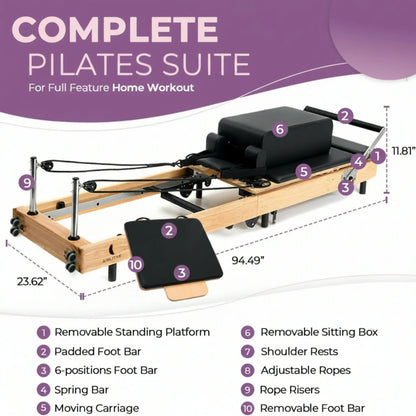 Foldable Wooden Pilates Reformer for Home, 70+ Guided Workouts
