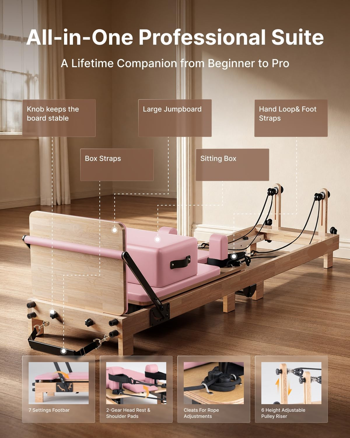 Pilates Reformer,  92" Wooden Pilates Reformer Machine with Springs, Pilates Machines for Home Use and Studio, Pilates Equipment with Sitting Box, Jump Board and Accessories