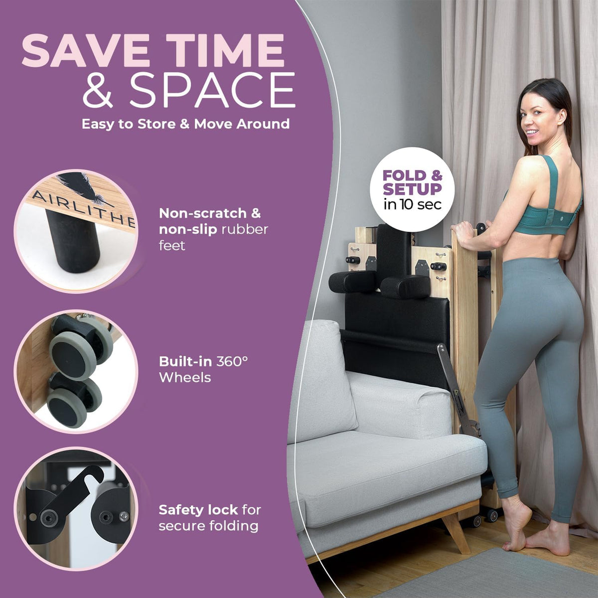 Foldable Wooden Pilates Reformer for Home, 70+ Guided Workouts