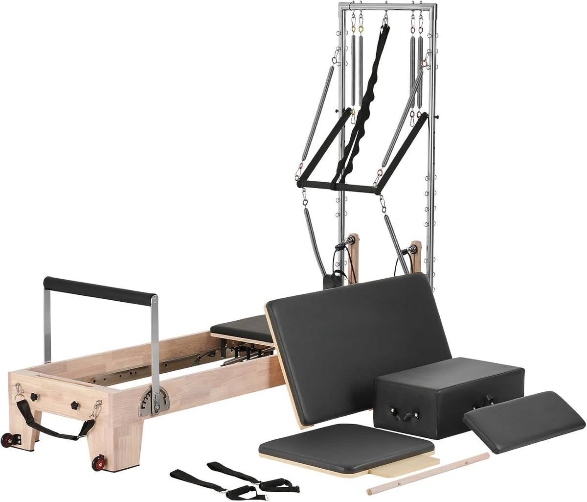 Pilates Reformer, Wooden Pilates Machine for Home Gym Studio, Strength Training Workout Equipment with Dual Resistance, Reformer Box, Jump Board, for Advanced Users and Beginners, up to 400 LBS