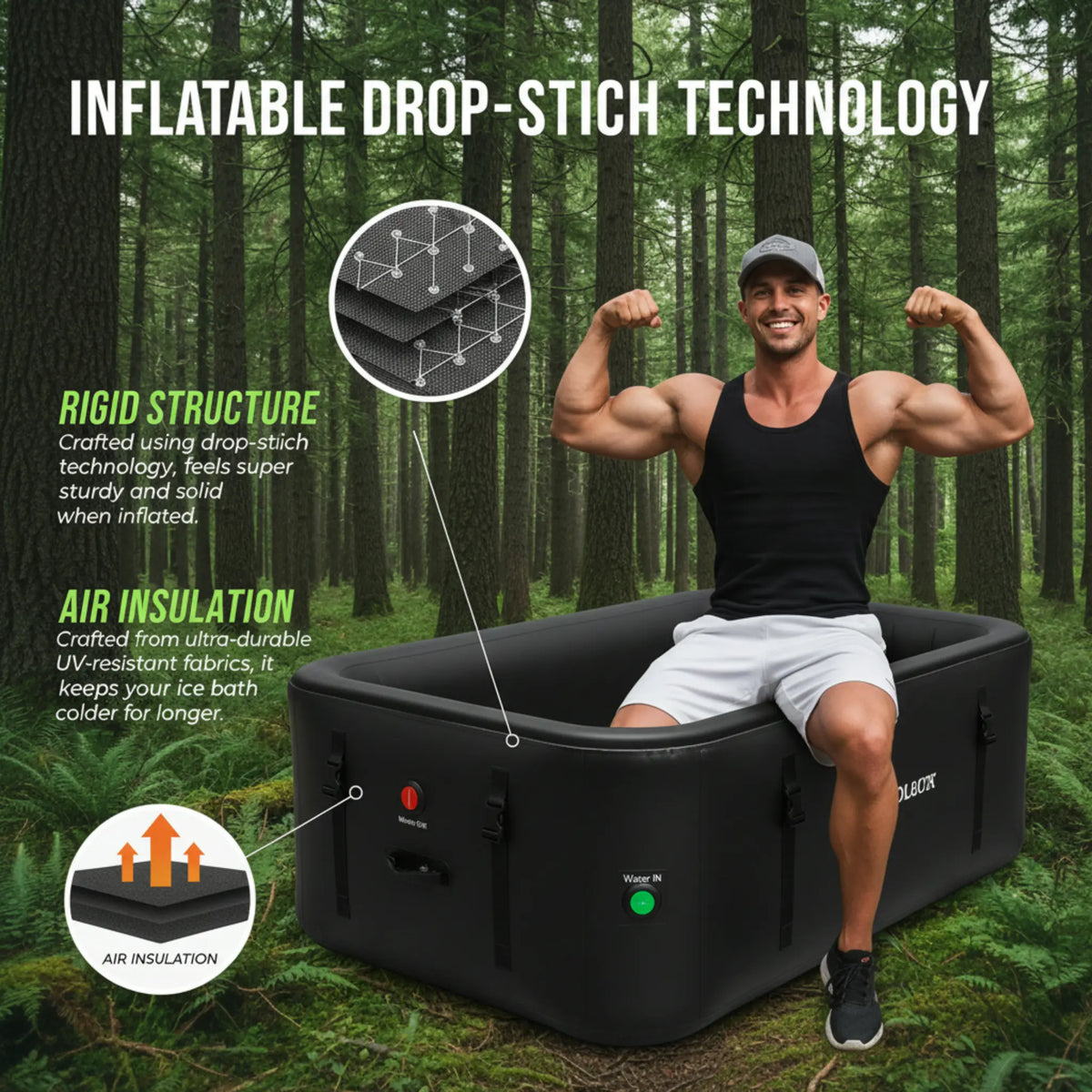 XXL Ice Bath Tub for Athletes, Compatible with Water Chillers, 216-Gallon Inflatable Cold Plunge Tub with Insulated Lid, Thermometer, Water-Absorbent Mat, Portable for Outdoor & Indoor