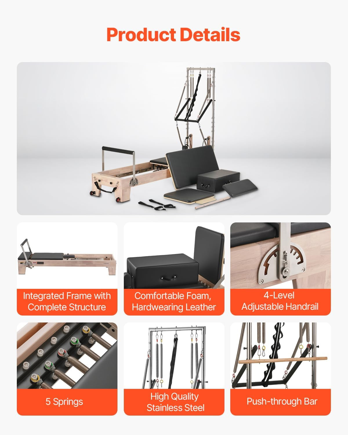 Pilates Reformer, Wooden Pilates Machine for Home Gym Studio, Strength Training Workout Equipment with Dual Resistance, Reformer Box, Jump Board, for Advanced Users and Beginners, up to 400 LBS