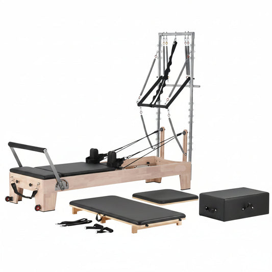 Pilates Reformer, Wooden Pilates Machine for Home Gym Studio, Strength Training Workout Equipment with Dual Resistance, Reformer Box, Jump Board, for Advanced Users and Beginners, up to 400 LBS