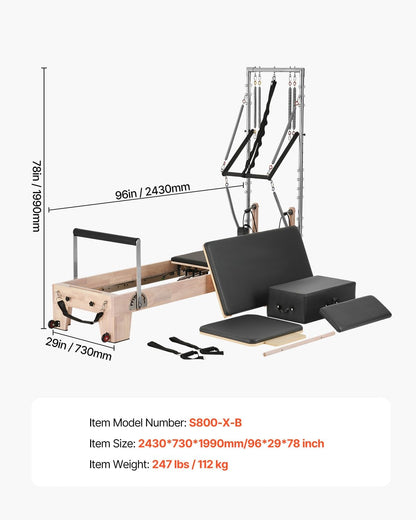 Pilates Reformer, Wooden Pilates Machine for Home Gym Studio, Strength Training Workout Equipment with Dual Resistance, Reformer Box, Jump Board, for Advanced Users and Beginners, up to 400 LBS