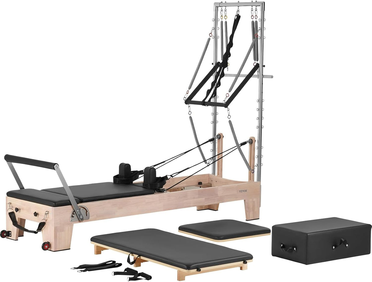 Pilates Reformer, Wooden Pilates Machine for Home Gym Studio, Strength Training Workout Equipment with Dual Resistance, Reformer Box, Jump Board, for Advanced Users and Beginners, up to 400 LBS