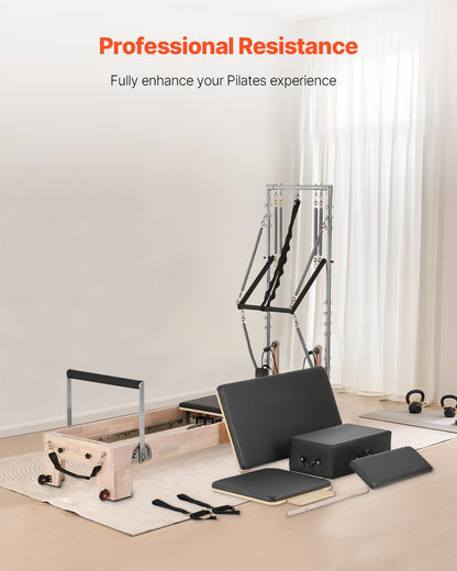 Pilates Reformer, Wooden Pilates Machine for Home Gym Studio, Strength Training Workout Equipment with Dual Resistance, Reformer Box, Jump Board, for Advanced Users and Beginners, up to 400 LBS
